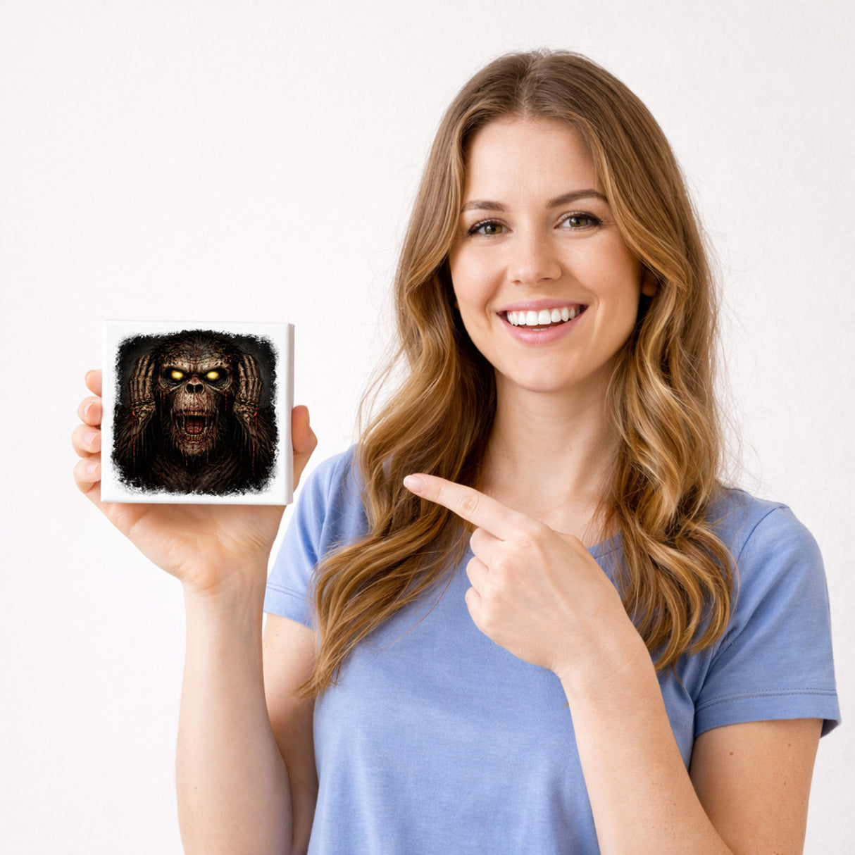 Drei weise Zombie Affen nichts hören Holzbild in 10x10 cm zum Stellen oder Aufhängen
