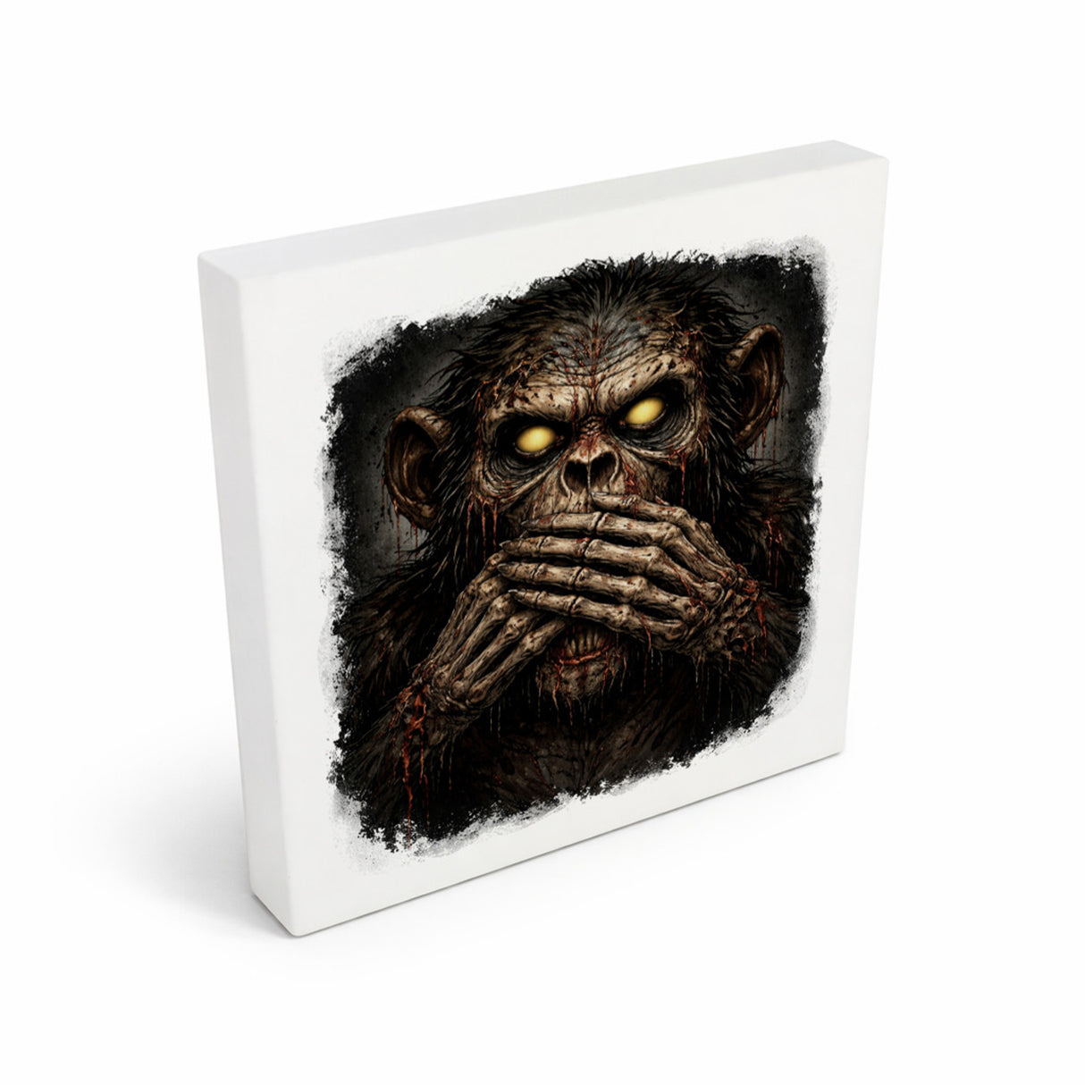 Drei weise Zombie Affen nichts sprechen Holzbild in 10x10 cm zum Stellen oder Aufhängen