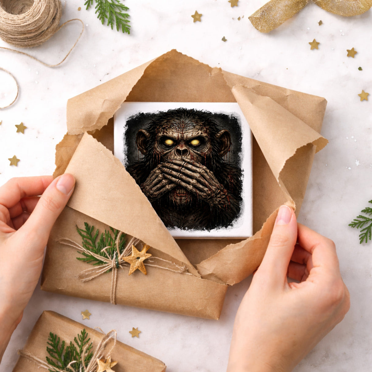Drei weise Zombie Affen nichts sprechen Holzbild in 10x10 cm zum Stellen oder Aufhängen