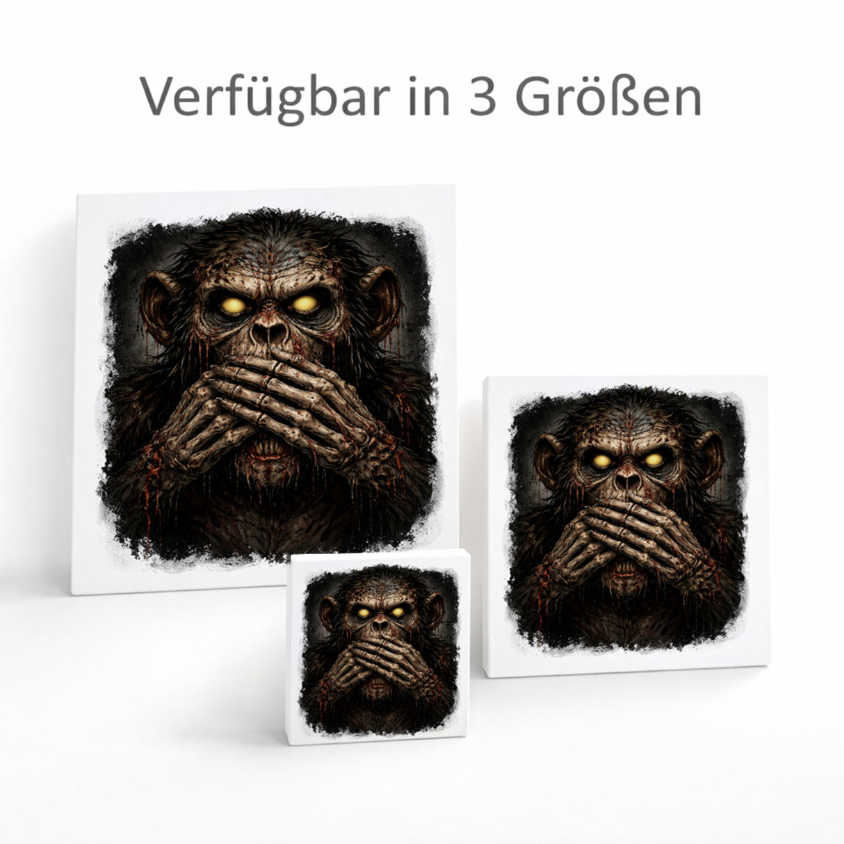 Drei weise Zombie Affen nichts sprechen Holzbild in 10x10 cm zum Stellen oder Aufhängen