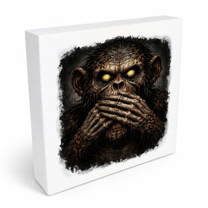 Drei weise Zombie Affen nichts sprechen Holzbild in 10x10 cm zum Stellen oder Aufhängen