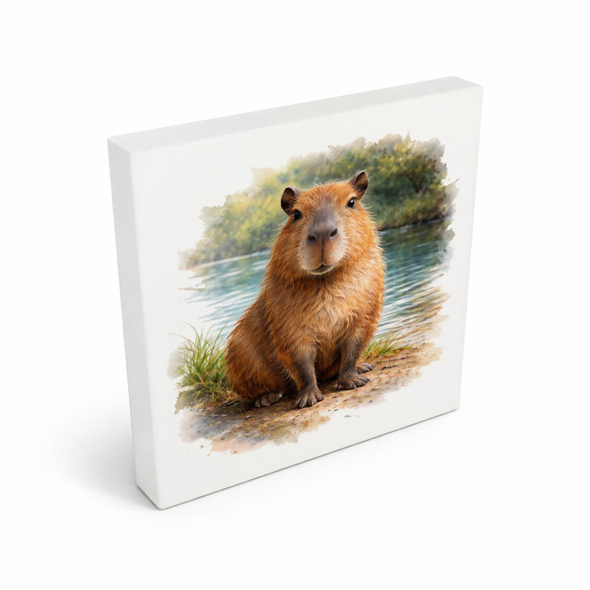 Capy Moments Capybara am Fluss Holzbild in 10x10 cm zum Stellen oder Aufhängen