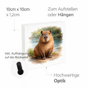 Capy Moments Capybara am Fluss Holzbild in 10x10 cm zum Stellen oder Aufhängen