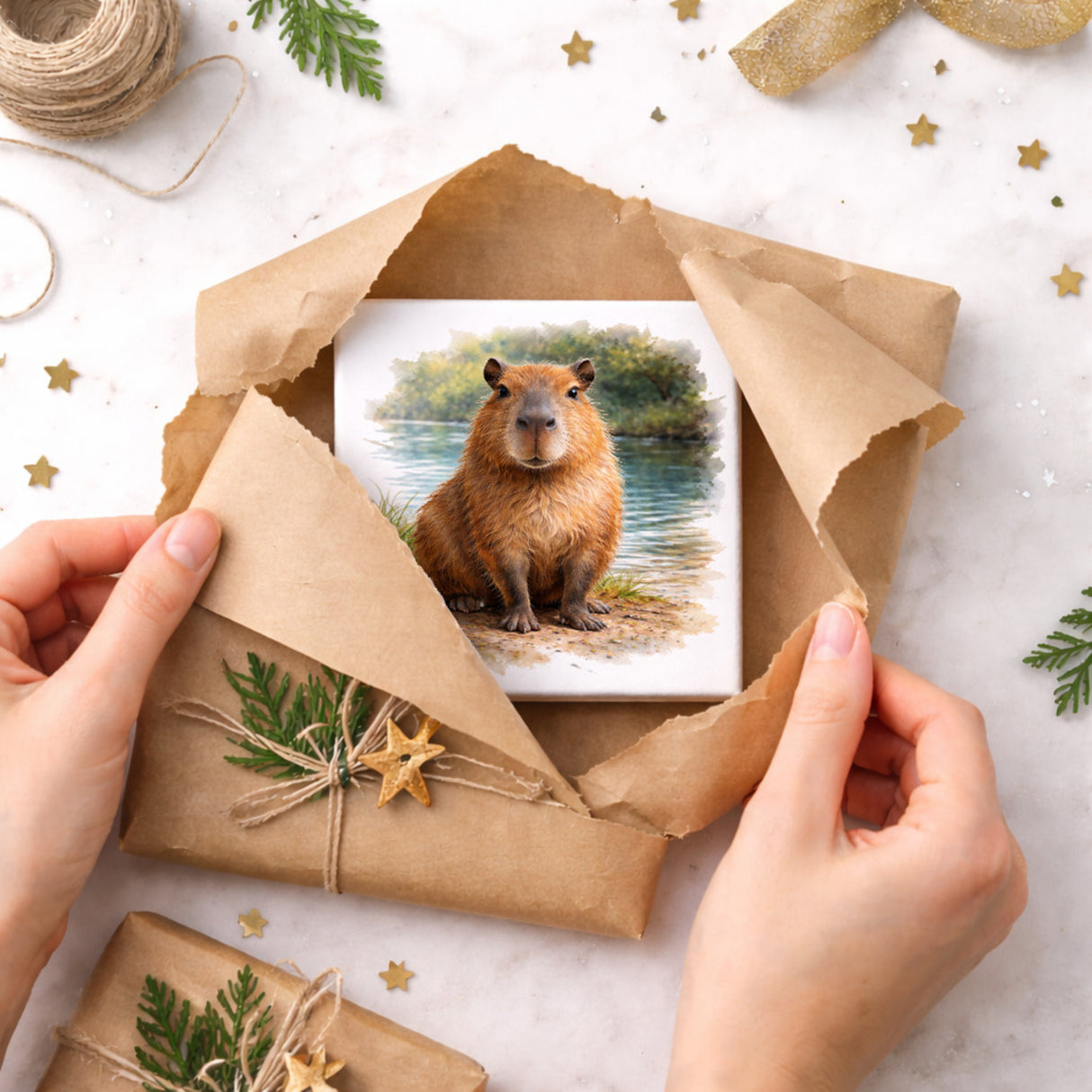 Capy Moments Capybara am Fluss Holzbild in 10x10 cm zum Stellen oder Aufhängen