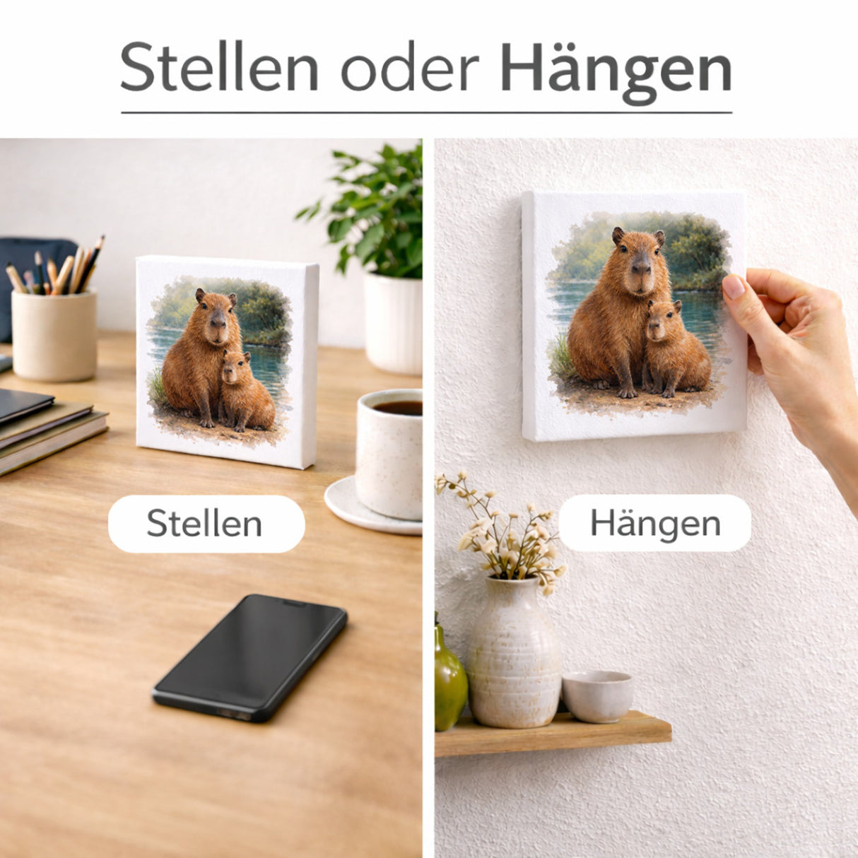 Capy Moments Capybara mit Jungem Holzbild in 10x10 cm zum Stellen oder Aufhängen