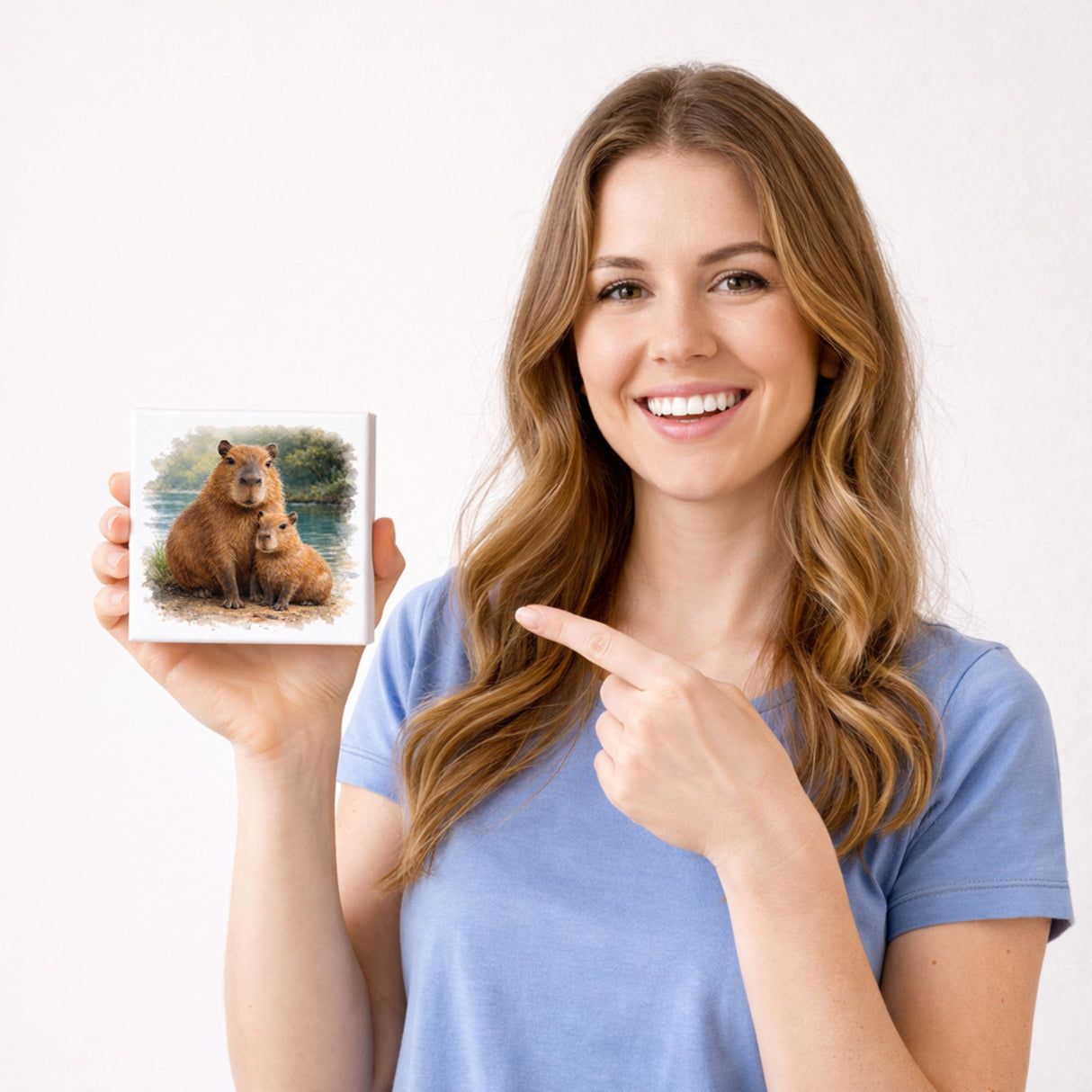 Capy Moments Capybara mit Jungem Holzbild in 10x10 cm zum Stellen oder Aufhängen