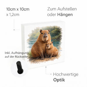 Capy Moments Capybara mit Jungem Holzbild in 10x10 cm zum Stellen oder Aufhängen