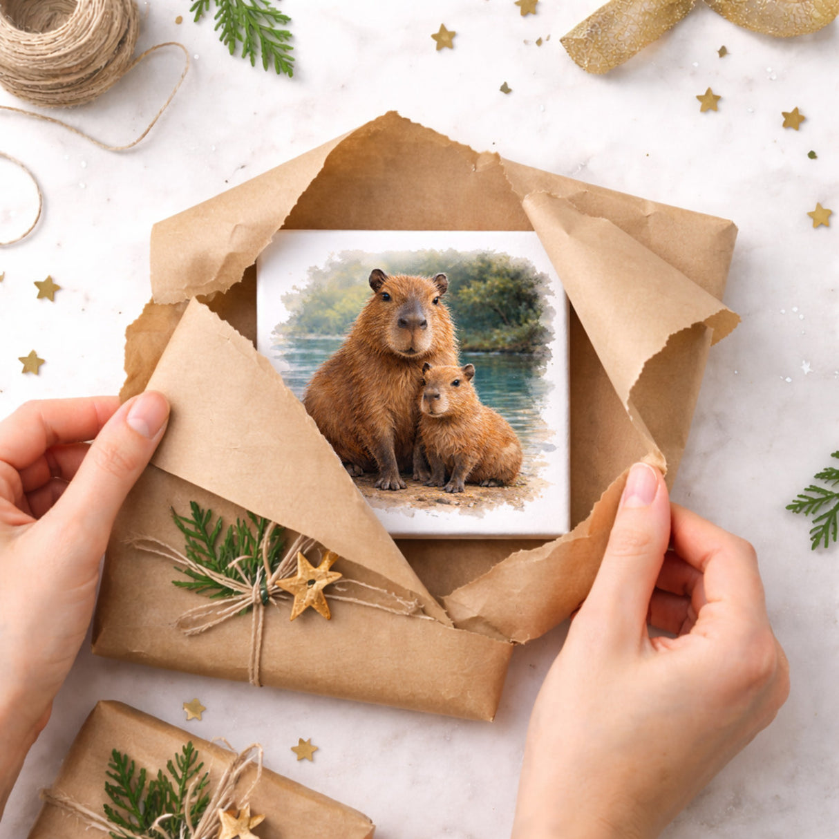 Capy Moments Capybara mit Jungem Holzbild in 10x10 cm zum Stellen oder Aufhängen