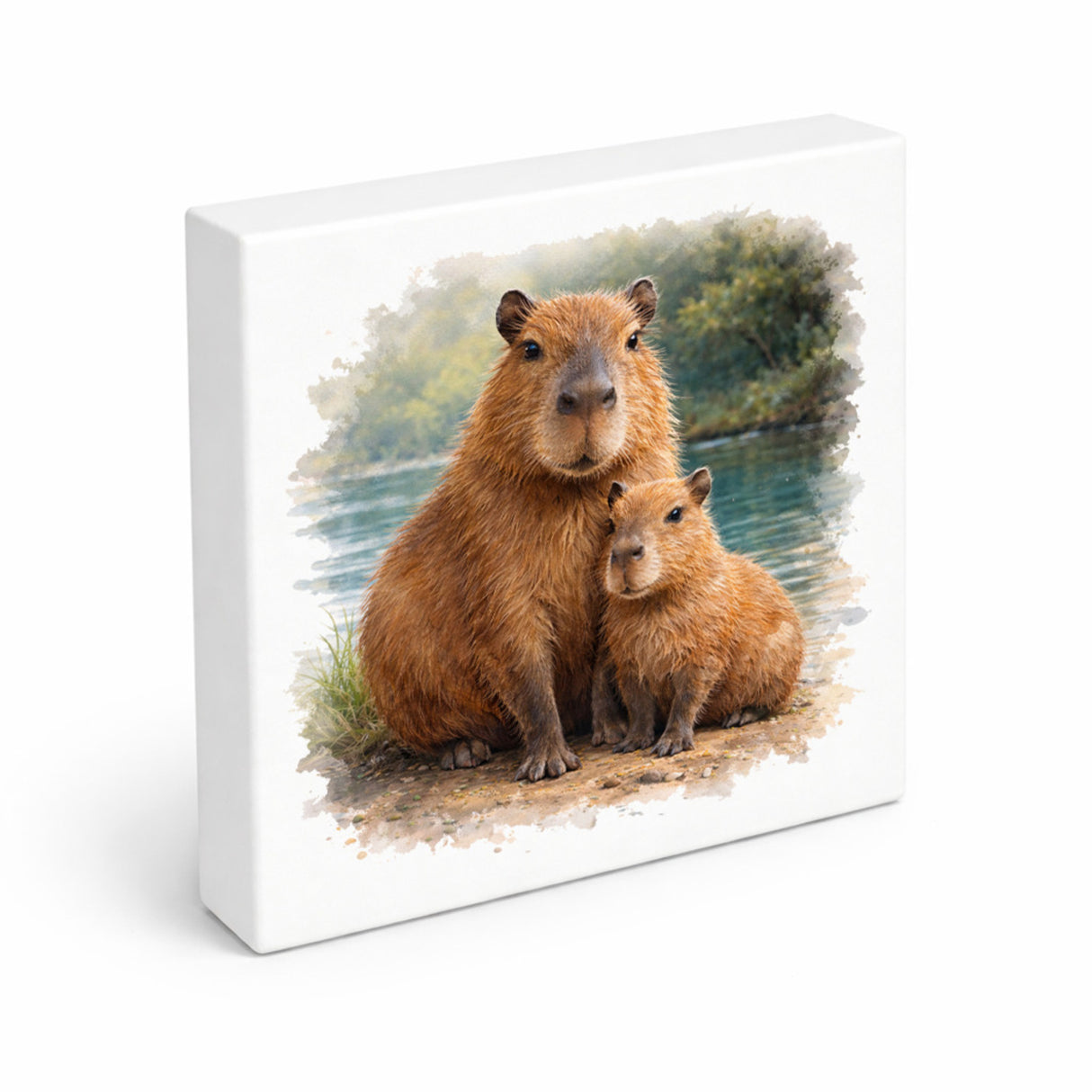 Capy Moments Capybara mit Jungem Holzbild in 10x10 cm zum Stellen oder Aufhängen