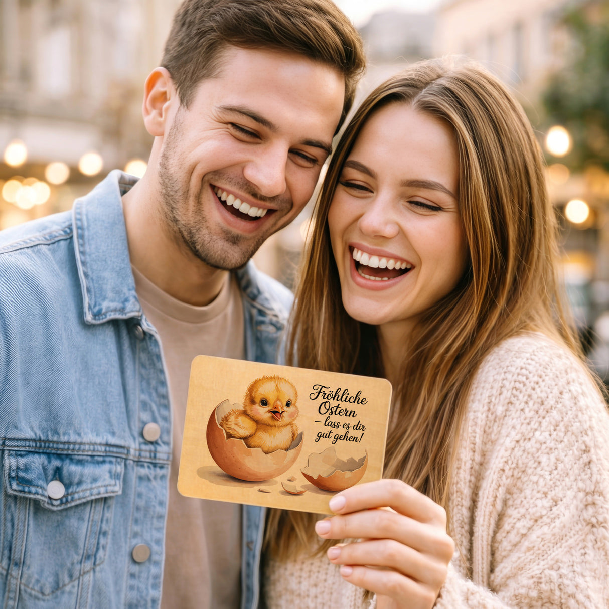 Küken aus Eierschale Postkarte aus Holz Fröhliche Ostern