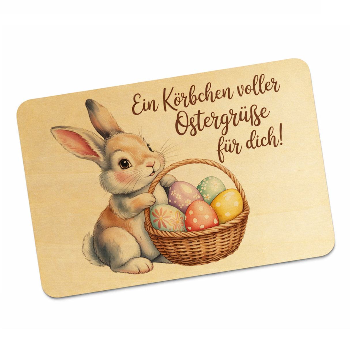 Ein Körbchen voller Ostergrüße Postkarte aus Holz mit Osterhase