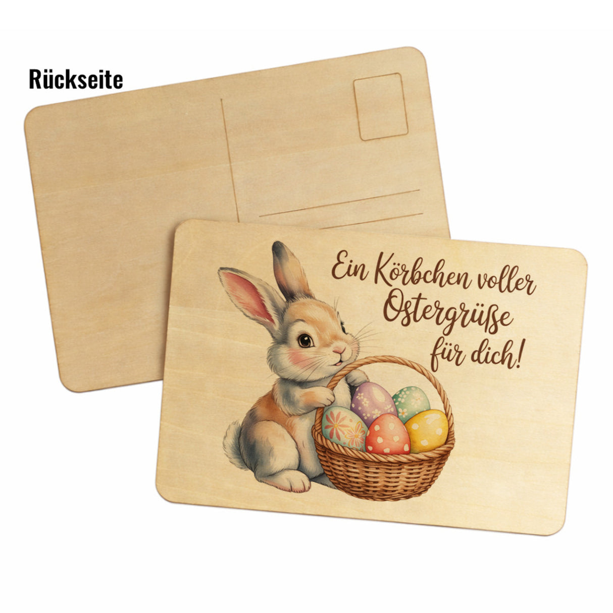 Ein Körbchen voller Ostergrüße Postkarte aus Holz mit Osterhase