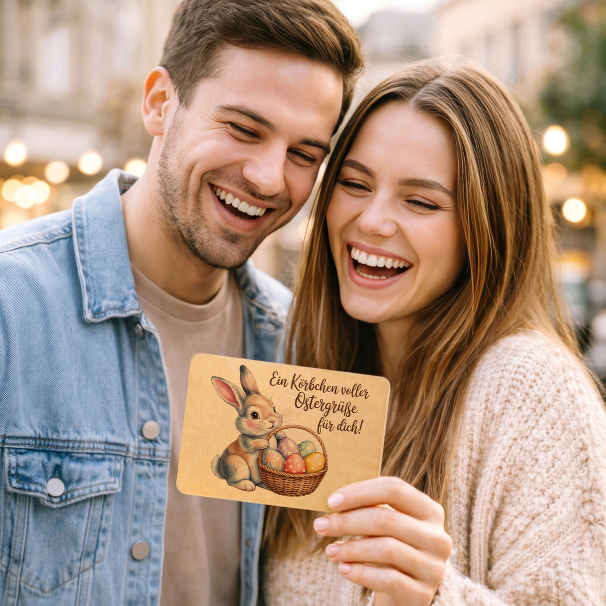 Ein Körbchen voller Ostergrüße Postkarte aus Holz mit Osterhase