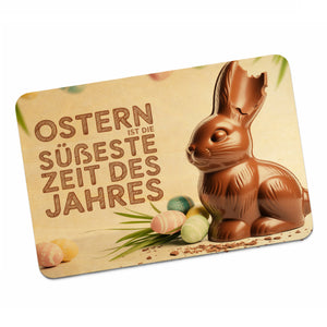 Schokoladen-Osterhase Postkarte aus Holz mit Ostern Spruch