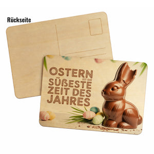 Schokoladen-Osterhase Postkarte aus Holz mit Ostern Spruch