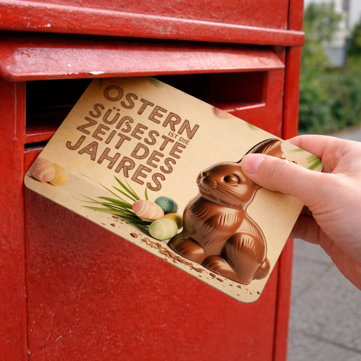 Schokoladen-Osterhase Postkarte aus Holz mit Ostern Spruch