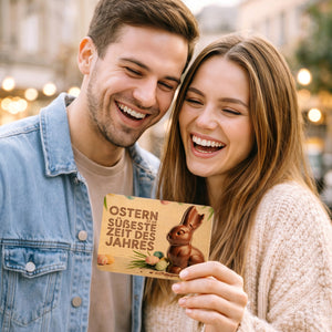 Schokoladen-Osterhase Postkarte aus Holz mit Ostern Spruch