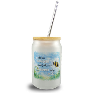 Hummel zu dick Gänseblümchen Aquarell Trinkglas mit Bambusdeckel mit Spruch