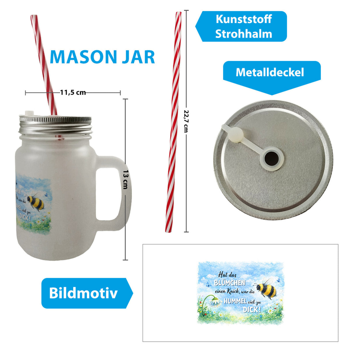 Hummel zu dick Gänseblümchen Aquarell Trinkglas mit Bambusdeckel mit Spruch