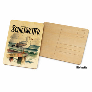 Möwe im Regen Postkarte aus Holz - SCHIETWETTER