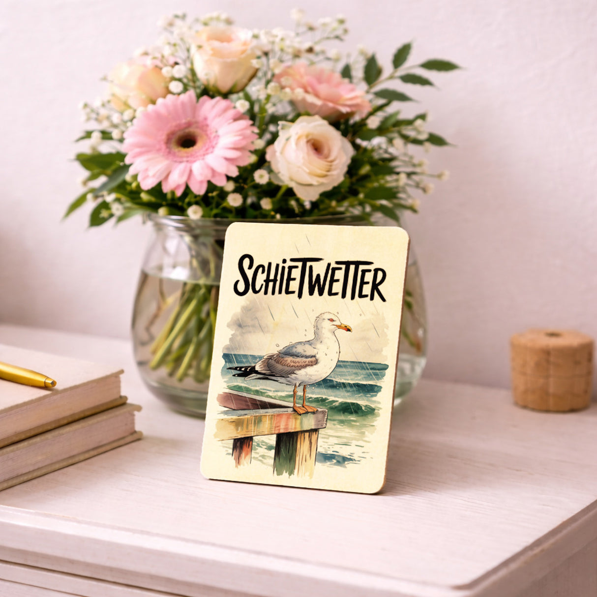 Möwe im Regen Postkarte aus Holz - SCHIETWETTER