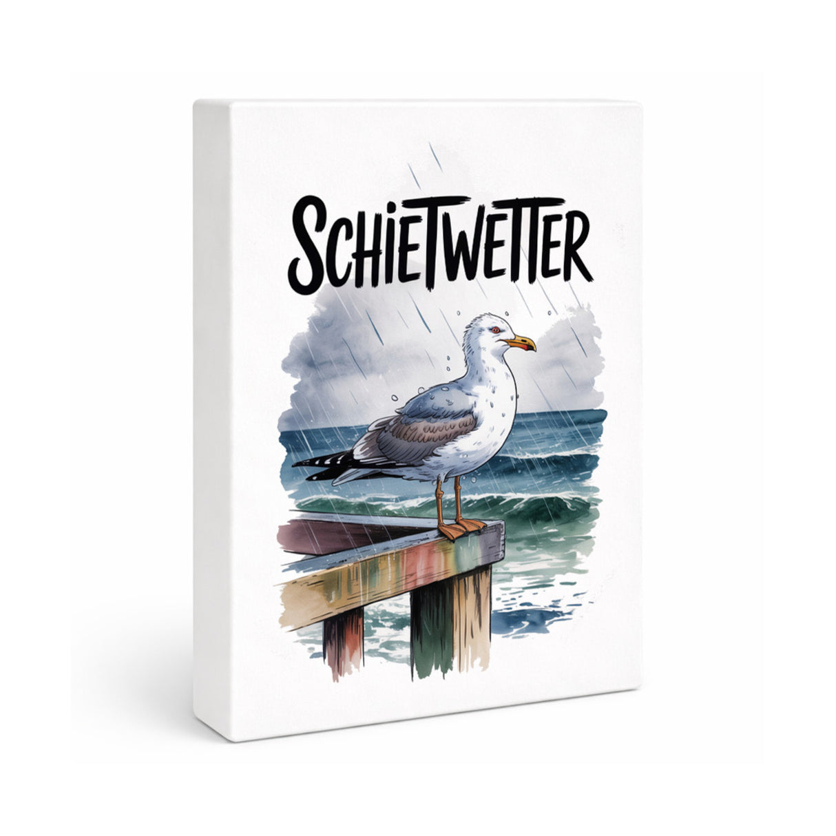 Möwe im Regen Holzbild in 20x15 cm zum Stellen oder Aufhängen - SCHIETWETTER