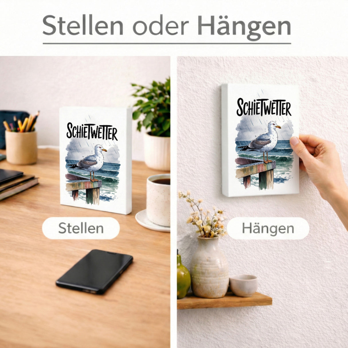 Möwe im Regen Holzbild in 20x15 cm zum Stellen oder Aufhängen - SCHIETWETTER