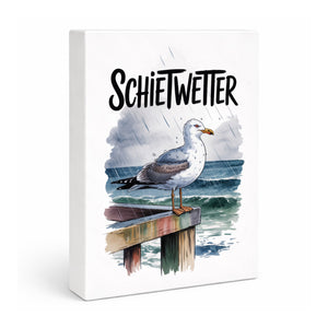 Möwe im Regen Holzbild in 20x15 cm zum Stellen oder Aufhängen - SCHIETWETTER