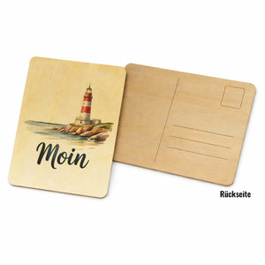 Leuchtturm Postkarte aus Holz - Moin