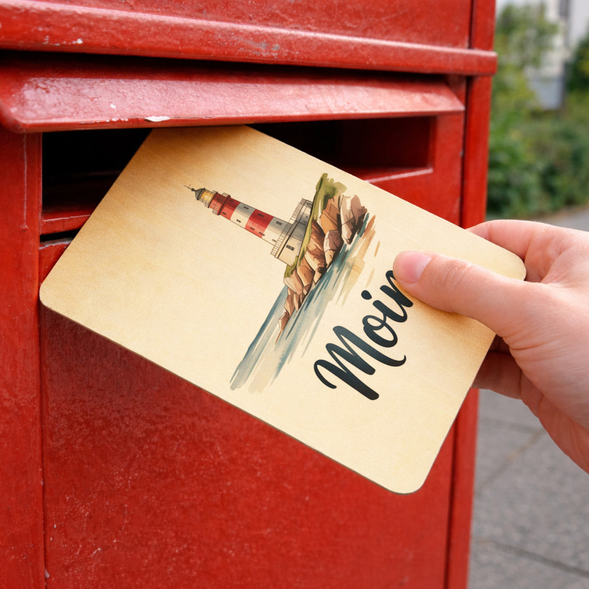Leuchtturm Postkarte aus Holz - Moin