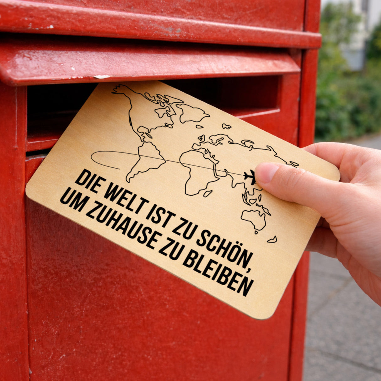 Weltkarte Postkarte aus Holz Die Welt ist zu schön