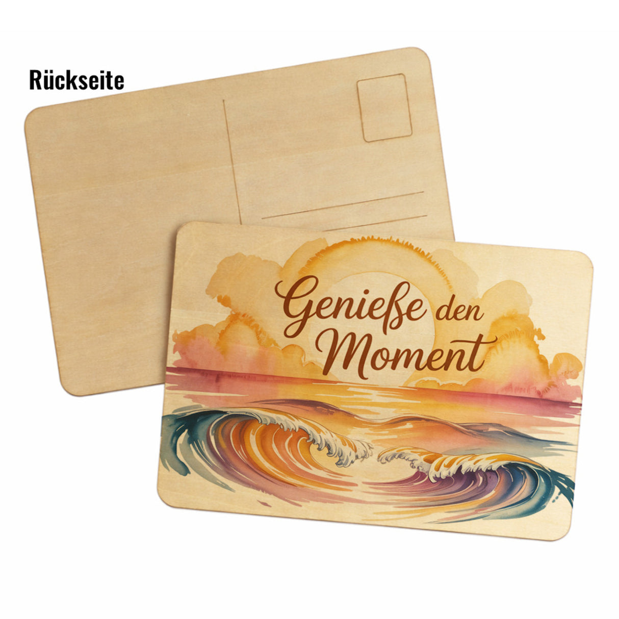 Sonnenuntergang Genieße den Moment Postkarte aus Holz