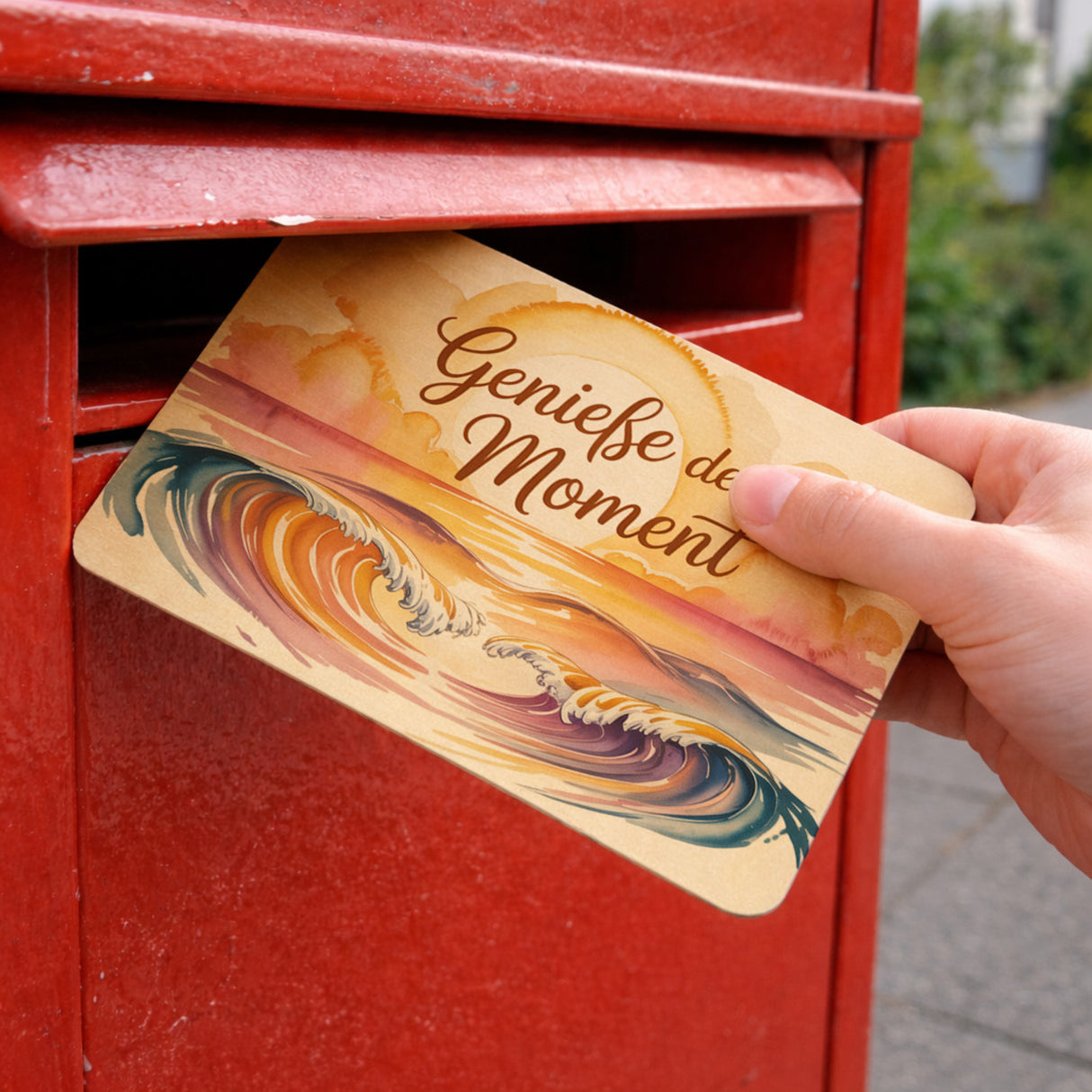 Sonnenuntergang Genieße den Moment Postkarte aus Holz