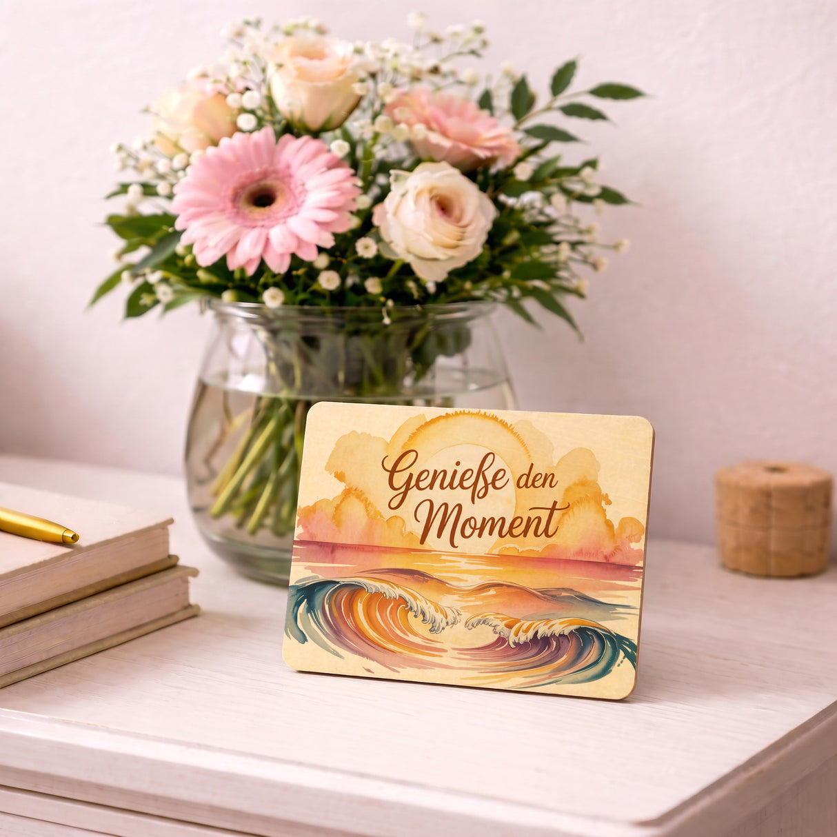 Sonnenuntergang Genieße den Moment Postkarte aus Holz