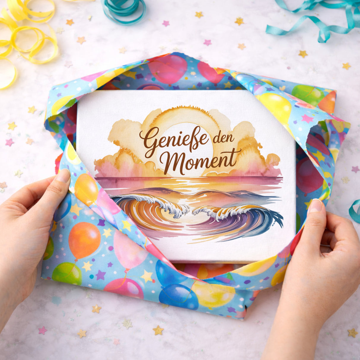 Sonnenuntergang Genieße den Moment Holzbild in 20x15 cm zum Stellen oder Aufhängen