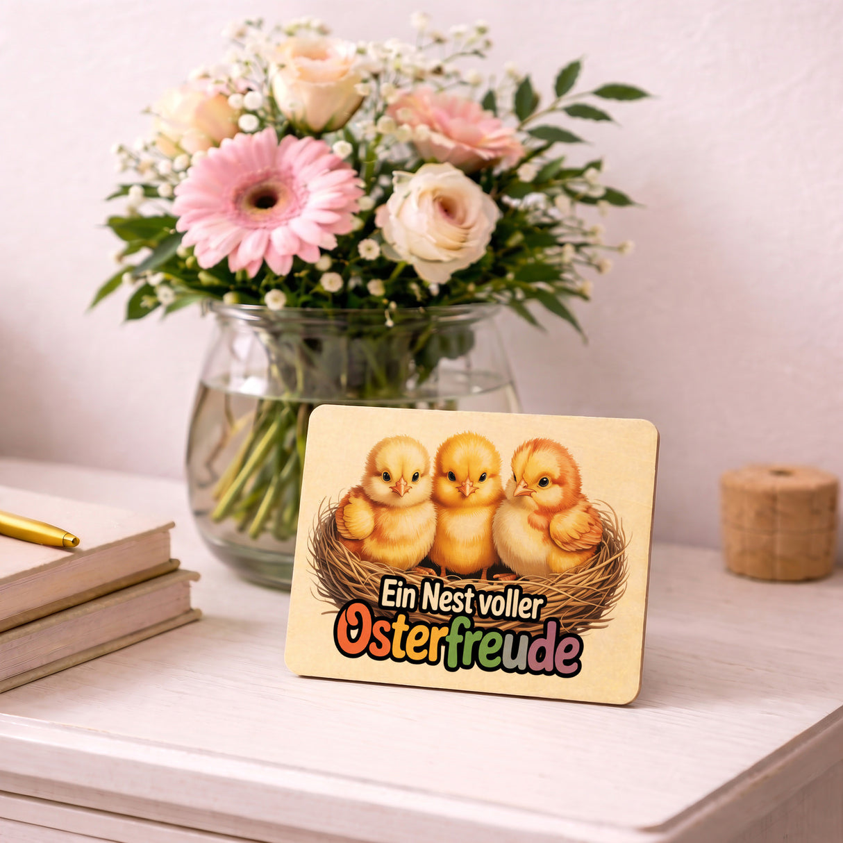 Oster-Küken Postkarte aus Holz Ein Nest voller Osterfreude
