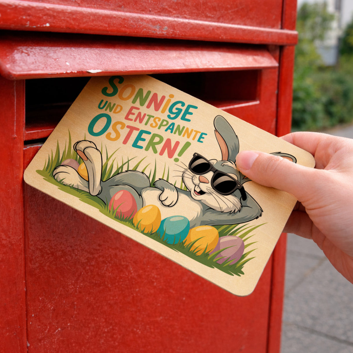 Cooler Osterhase Postkarte aus Holz Sonnige und entspannte Ostern