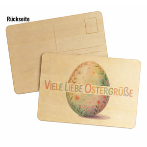 Viele liebe Ostergrüße Postkarte aus Holz mit Aquarell-Osterei