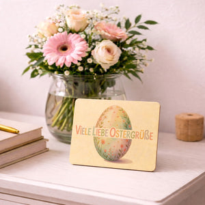 Viele liebe Ostergrüße Postkarte aus Holz mit Aquarell-Osterei
