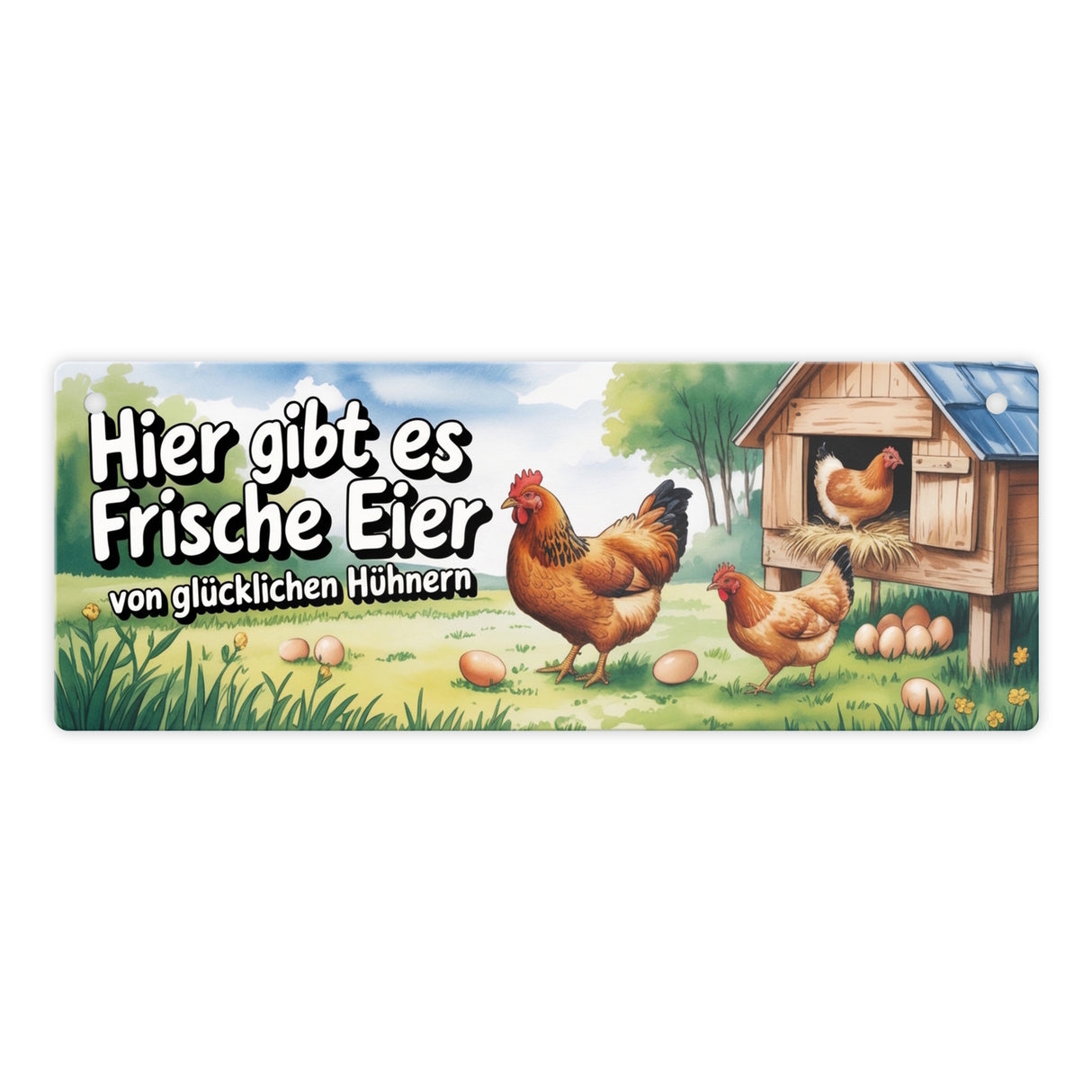 Frische Eier von glücklichen Hühnern Metallschild Ländliche Hühnerillustration