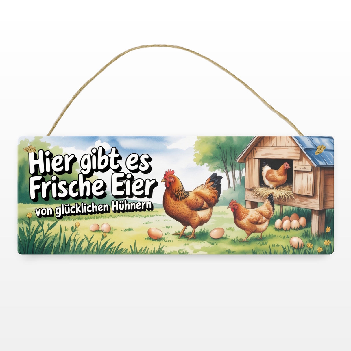 Frische Eier von glücklichen Hühnern Metallschild Ländliche Hühnerillustration