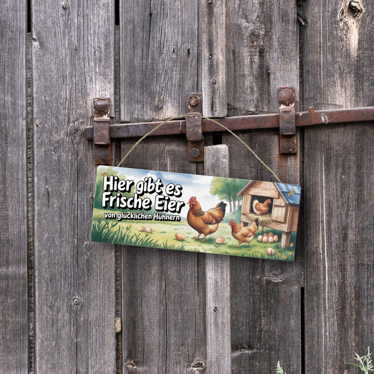 Frische Eier von glücklichen Hühnern Metallschild Ländliche Hühnerillustration