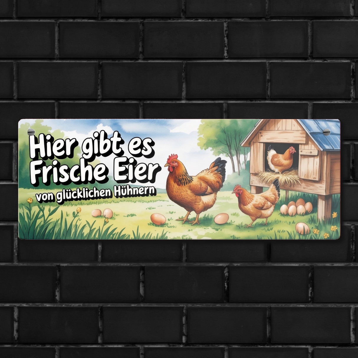 Frische Eier von glücklichen Hühnern Metallschild Ländliche Hühnerillustration