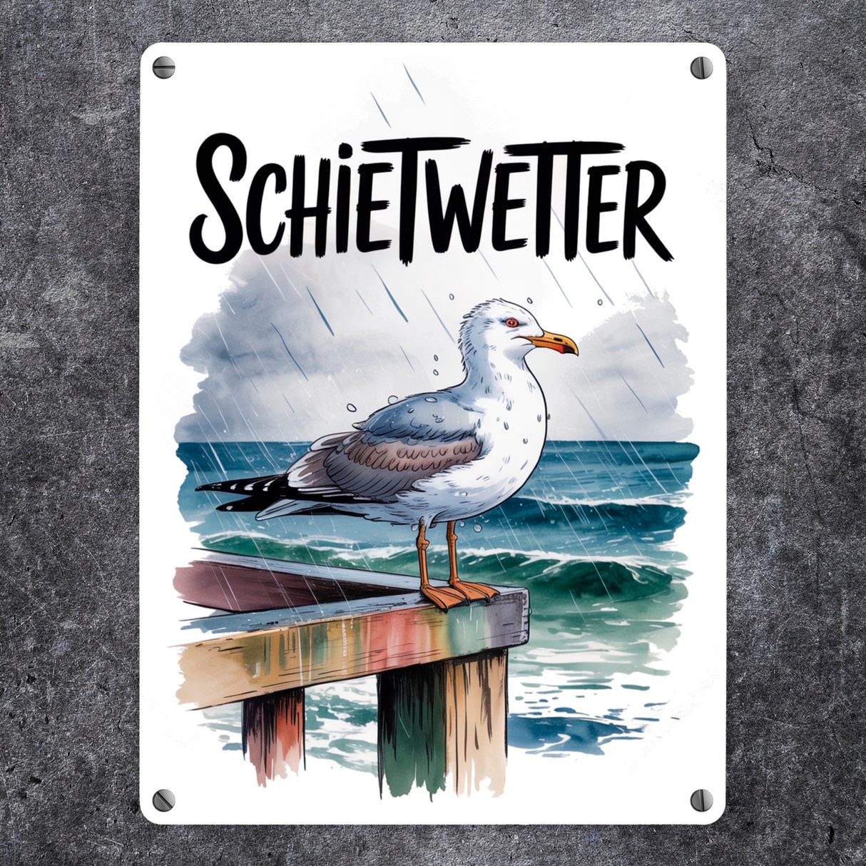 Möwe im Regen Metallschild in 15x20 cm - SCHIETWETTER