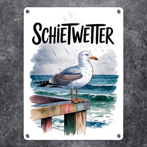Möwe im Regen Metallschild in 15x20 cm - SCHIETWETTER
