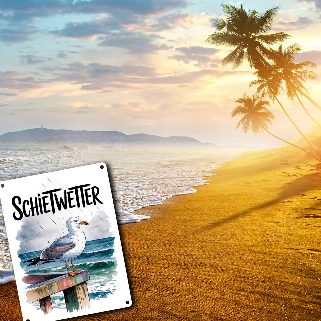 Möwe im Regen Metallschild in 15x20 cm - SCHIETWETTER