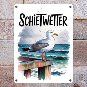 Möwe im Regen Metallschild in 15x20 cm - SCHIETWETTER