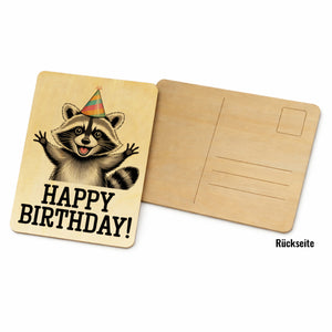 Cartoon-Waschbär Happy Birthday! Postkarte aus Holz