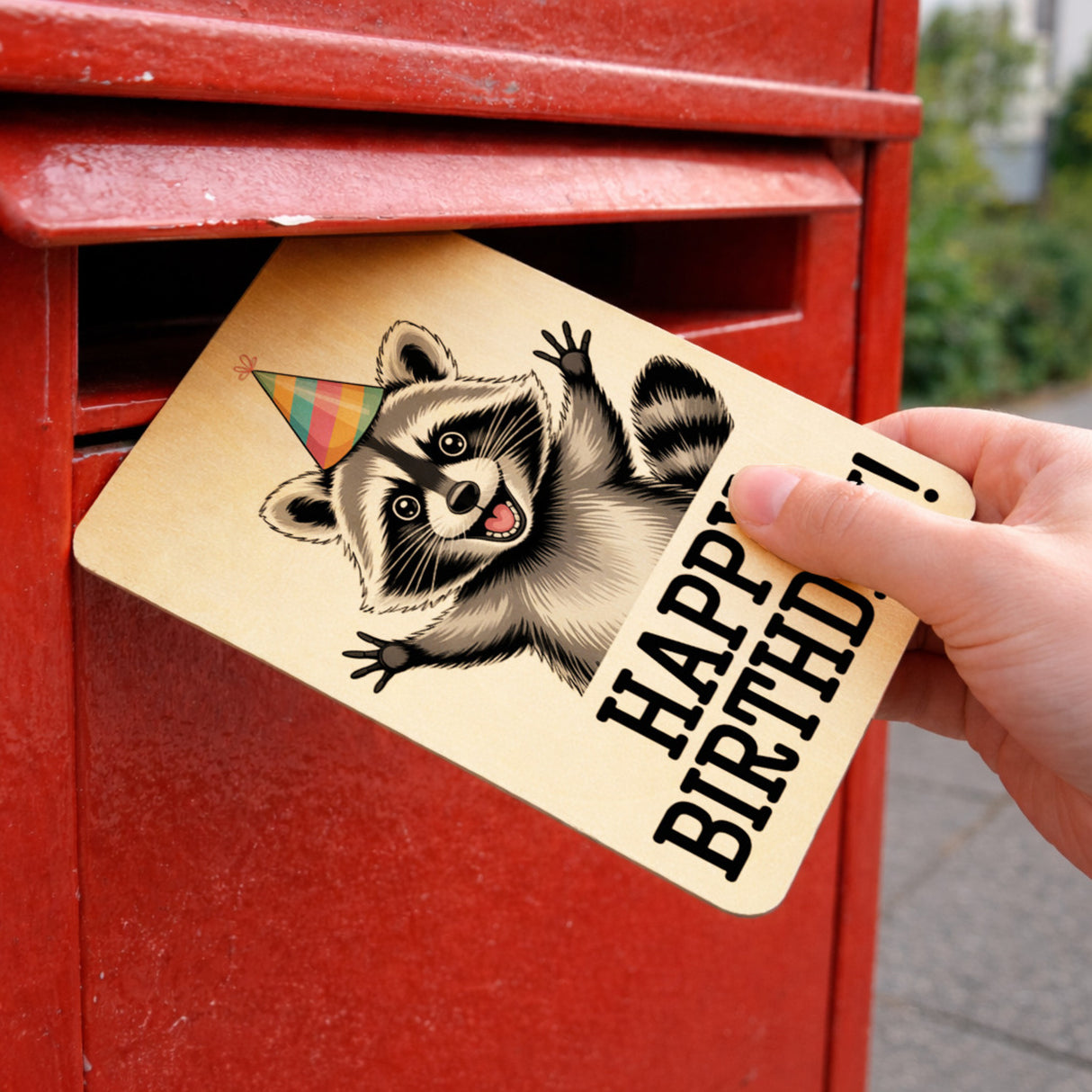 Cartoon-Waschbär Happy Birthday! Postkarte aus Holz