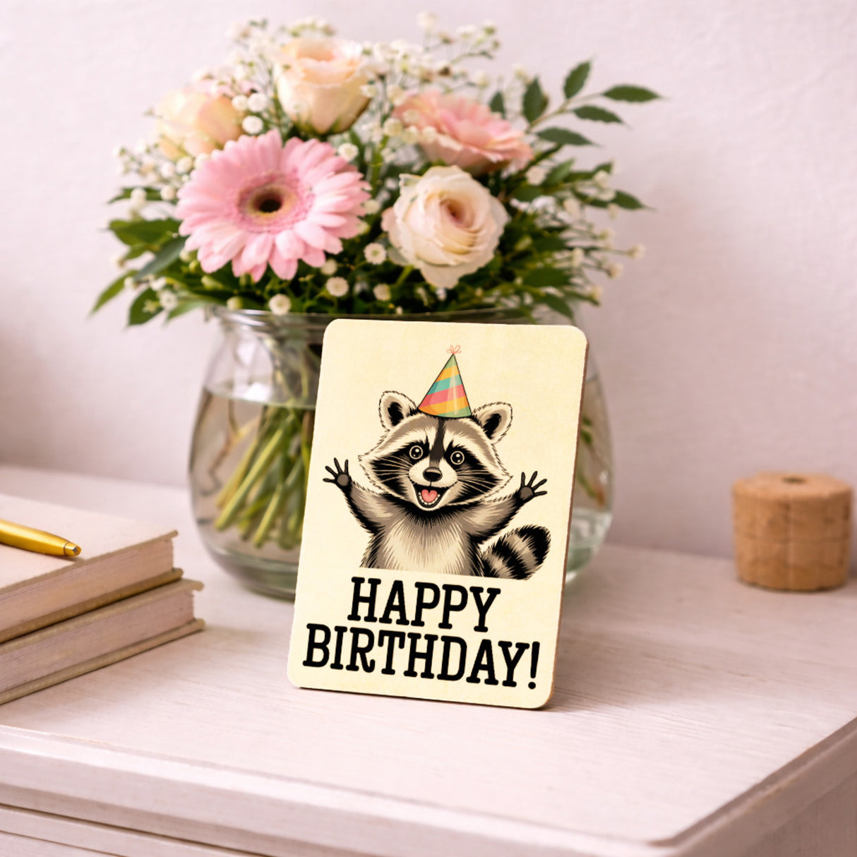 Cartoon-Waschbär Happy Birthday! Postkarte aus Holz